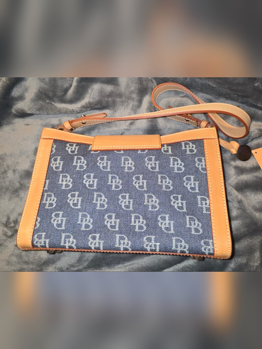 Dooney & Bourke Blue Logo Denim and Tan Leather Shoulder Bag - Picture 2 of 9